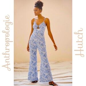 Anthropologie Hutch Blue Motif Ditsy Floral Print Wide Leg Jumpsuit Sz Medium